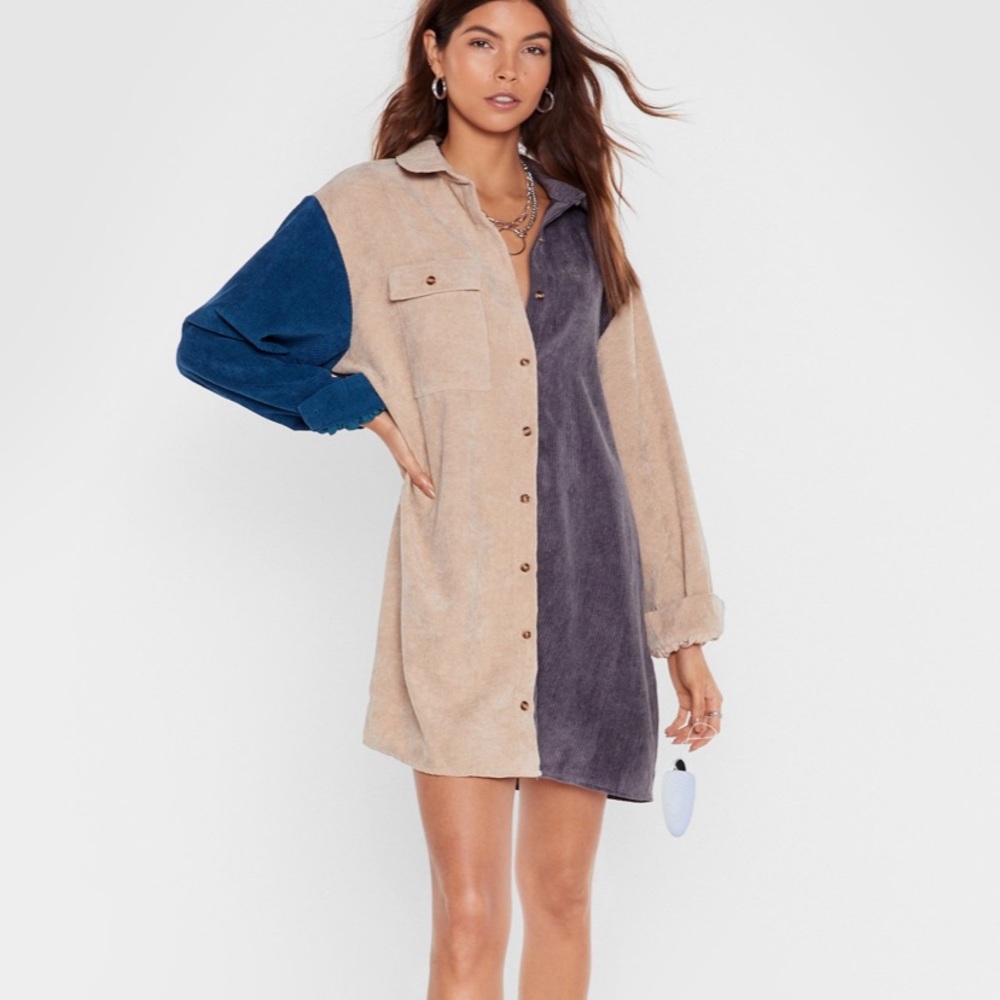 Colorblock Corduroy Longline Shirt Dress